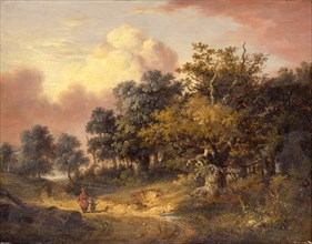 Wooded Landscape with Woman and Child Walking Down a Road, Robert Ladbrooke, 1770-1842, British