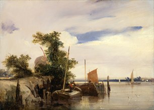 Barges on a River River Landscape Signed lower left: "RPB", Richard Parkes Bonington, 1802-1828,