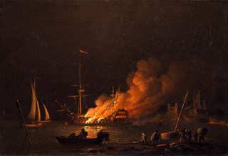 Ship on Fire at Night Signed in black paint, lower left: "C. Brooking", Charles Brooking,