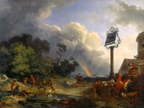 The Rainbow Travellers Outside the Bull Inn, with a Rainbow in the Sky Signed and dated, lower