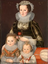 A Lady and Her Two Children Dated in gold paint, or shell gold, upper left: "AÂº 1624" and upper