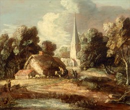 Landscape with cottage and church Landscape with a Church, Cottage, Villagers and Animals, Thomas