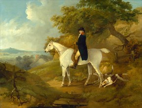 George Morland on his Hunter George Morland on a grey hunter, with a couple of foxhounds Signed and