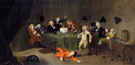 A Midnight Modern Conversation Signed and dated, lower right: "WM: Hogarth: recit: 1729", William