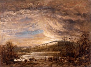A River Landscape, Sunset, John Linnell, 1792-1882, British