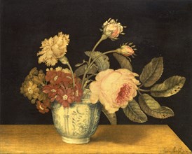 Flowers in a Delft Jar Signed in black paint, lower right: "Alex: Marshal ~", Alexander Marshal,