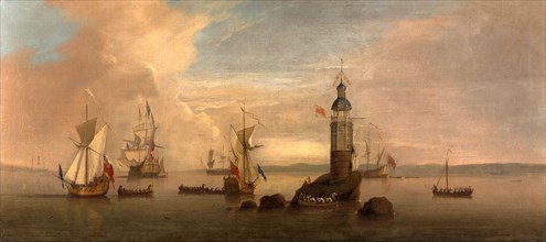 The Opening of the First Eddystone Lighthouse in 1698 Signed in white paint (on rock), lower