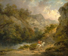 Rocky Landscape with Two Men on a Horse Signed and dated in black paint, lower left: "G. Morland