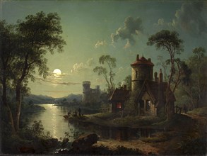 River Scene Moonlight River Scene Signed and dated in green paint, lower left: "S Pether 1840",