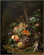 Abraham Mignon, German (1640-1679), Still Life with Fruit, Fish, and a Nest, c. 1675, oil on canvas