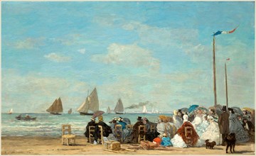 EugÃ¨ne Boudin, French (1824-1898), Beach Scene at Trouville, 1863, oil on wood