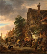 Isack van Ostade, Dutch (1621-1649), Workmen before an Inn, 1645, oil on panel