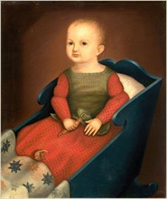 American 19th Century, Baby in Blue Cradle, c. 1840, oil on canvas