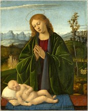 Marco Basaiti, Italian (active 1496-1530), Madonna Adoring the Child, c. 1520, oil on panel