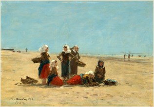 EugÃ¨ne Boudin, Women on the Beach at Berck, French, 1824-1898, 1881, oil on wood