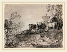 Thomas Gainsborough, Landscape with Cattle by a Cottage, British, 1727-1788, late 1770s, black and