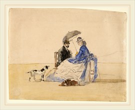 EugÃ¨ne Boudin, A Couple Seated on the Beach with Two Dogs, French, 1824-1898, c. 1865, watercolor