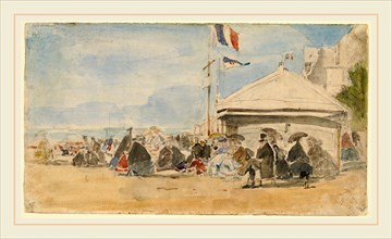 EugÃ¨ne Boudin, Beach House with Flags at Trouville, French, 1824-1898, c. 1865, watercolor over