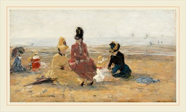 EugÃ¨ne Boudin, French (1824-1898), On the Beach, Trouville, 1887, oil on wood