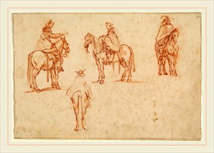 Jacques Callot, Study of Four Horsemen, French, 1592-1635, 1628 or before, red chalk on laid paper