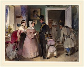 Carl Schindler, German (1821-1842), A Young Officer Saying Farewell to His Family, 1841, watercolor