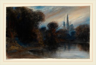 Paul Huet, French (1803-1869), An Abbey by a Wooded Lake at Twilight, c. 1831, pastel