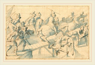 Belisario Corenzio, Italian (1558-1646), A Battle on a Bridge, pen and brown ink with blue wash