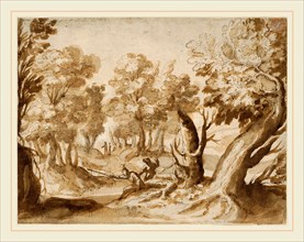 Francesco Allegrini, Italian (c. 1615-after 1679), Two Figures Fishing in a Landscape, pen and