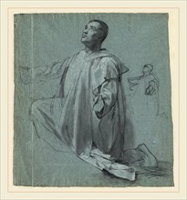 French 19th Century, A Young Priest Kneeling, black chalk heightened with white chalk on blue-gray