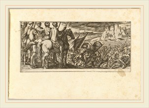 Antonio Tempesta, Italian (1555-1630), Battle Scene with Cavalry Observing from a Hill, etching