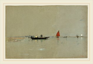 William Stanley Haseltine, A Venetian Lagoon, American, 1835-1900, c. 1875, watercolor on green