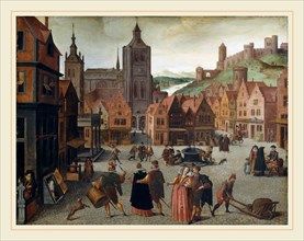 Attributed to Abel Grimmer, The Marketplace in Bergen op Zoom, Flemish, c. 1570-1618-1619, probably
