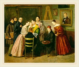 Unknown 19th Century, A Painter and Visitors in a Studio, c. 1835, oil on paper on canvas