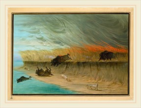George Catlin, American (1796-1872), Prairie Meadows Burning, 1861-1869, oil on card mounted on