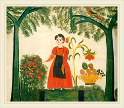 American 19th Century, Girl in Red with Flowers and a Distelfink, c. 1830, oil on wood (fireboard)