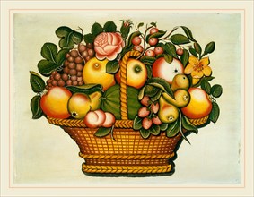 American 19th Century, Basket of Fruit with Flowers, c. 1830, oil on wood