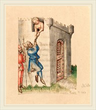 Austrian 15th Century, Woman Suspending Man from Tower, c. 1420-1430, pen and ink with watercolor;