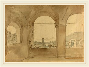 Leo von Klenze, German (1784-1864), Panorama of Tivoli from a Loggia, 1826, graphite with brown and