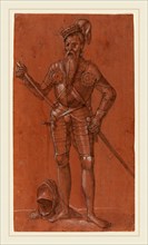 Swiss 16th Century, A Man in Armor, black chalk, pen and black ink, and gray wash heightened with