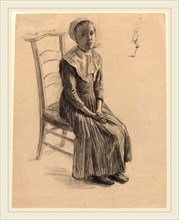 Swiss 19th Century, Seated Girl in Peasant Costume, 19th century, black crayon