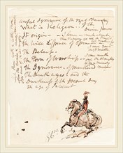 George Cruikshank, British (1792-1878), Sketch of Mounted Hussar, pen and ink with red, blue, and