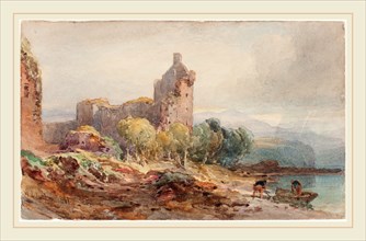 William Leighton Leitch, British (1804-1883), A Ruined Castle on a Lake, 1881, watercolor over