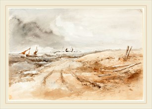 British 19th Century, Shore Scene with Boats in Choppy Water, first half 19th century, watercolor