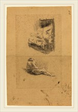 John Flaxman, British (1755-1826), Reclining Man; Two Women, black chalk? heightened with white