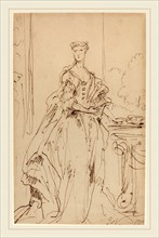 John Vanderbank, British (probably 1694-1739), Portrait of a Standing Lady, 1734, pen and brown ink