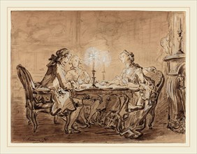 Louis Durameau, French (1733-1796), A Game of Cards, 1767, pen and brown ink with brown wash and