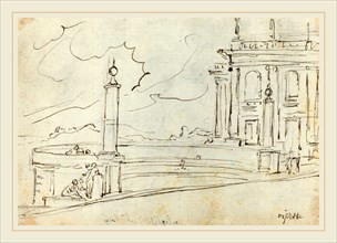 Augustin Pajou, French (1730-1809), The Ripetta in Rome [verso], 1752-1756, pen and brown ink over