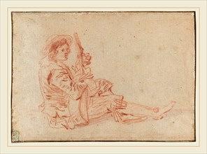 Antoine Watteau, French (1684-1721), Seated Guitarist [recto], red chalk on laid paper
