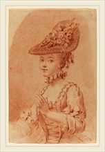 French 18th Century, A Young Girl Wearing a Flowered Hat, red chalk on light beige laid paper