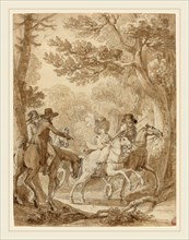 Jean-Michel Moreau, French (1741-1814), Lady and Gentlemen Riding in a Park, brush and brown ink